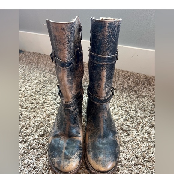 BED|STU Shoes - BED|STU Distressed Black and Brown Leather Turn-mid calf Moto Boots